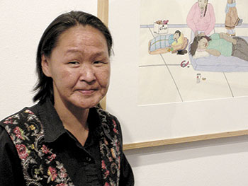 Annie Pootoogook, an artist known for her images of today’s life in the Arctic, speaks at the opening of the exhibition, “Burning Cold,” now at the Ottawa Art Gallery. (PHOTO BY JUSTIN NOBEL)