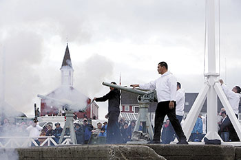 Organizers saluted Greenland's June 21 move towards independence from Denmark with cannon-fire last week. (PHOTO BY JORGEN CHEMNITZ)