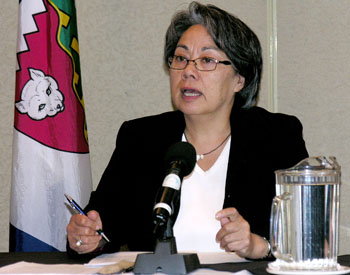 Eva Aariak, the Nunavut premier, played host to the premiers of Yukon and the Northwest Territories at their 2009 annual gathering, held Sept. 4-5 in Iqaluit. (PHOTO BY JIM BELL)