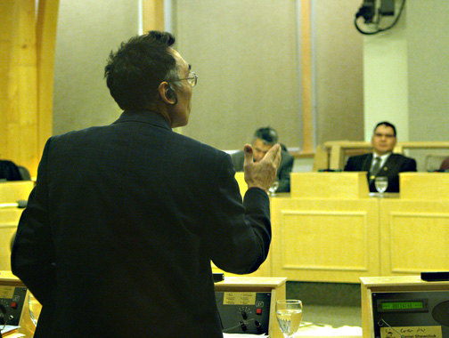 Tagak Curley, the health and social services minister, speaks in the Legislative Assembly Nov. 30. Curley said Monday that 32 new cases of the H1N1 virus appeared in Nunavut since Oct. 1. 