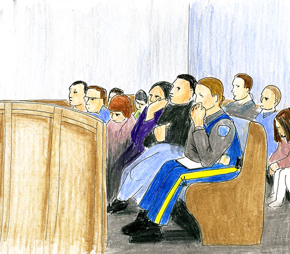 The public seating area in the Iqaluit courtroom used for Pingoatuk Kolola's trial was full March 5, when the accused appeared as a witness in his own defence. (SKETCH BY ERIN BOAKE)