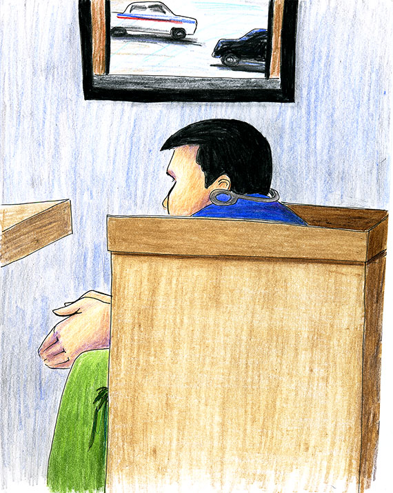 Pingoatuk Kolola of Kimmirut, who faces a charge of first-degree murder in the 2007 shooting death of Const. Douglas Scott, gives evidence in his defence March 5 at an Iqaluit courtroom, while a video shot by RCMP investigators is displayed on a monitor on the wall to his right. Courtrooms in Iqaluit are designed so that witnesses sit with their backs to the area where the public sits. (SKETCH BY ERIN BOAKE)
