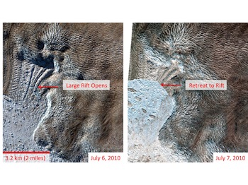 This NASA image shows the huge piece of Greenland's Jakobshavn Glacier which broke off July 6 and 7.  (IMAGE COURTESY OF DIGITAL GLOBE)