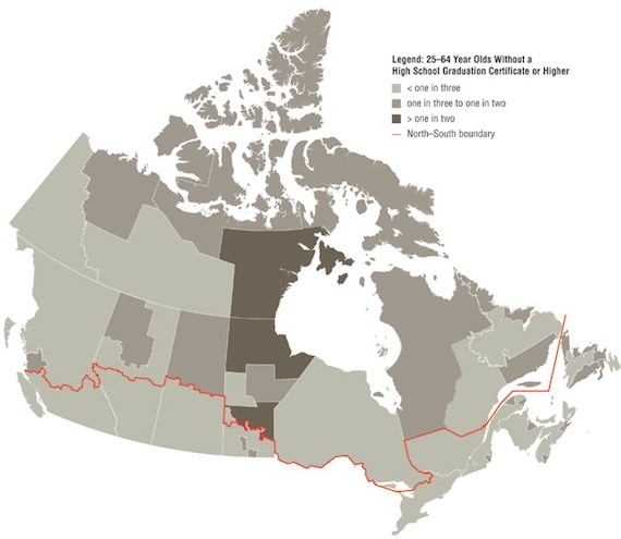 About one in two adults between the ages of 25 and 64 in parts of northern Saskatchewan, Nunavut, and northern Manitoba have not graduated from high school, shows this map from the Conference Board of Canada.