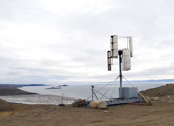 A vertical turbine windmill spins outside the Arctic Winter Games arena in Iqaluit Sept. 23. Nunaworks of Iqaluit hopes to begin manufacturing and selling the windmill within Nunavut. (PHOTO BY CHRIS WINDEYER)