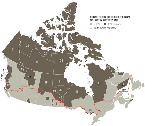 At least one in five families in Nunavut and Nunavik live in homes which need repair, according to this map released Oct. 6 by the Conference Board of Canada.