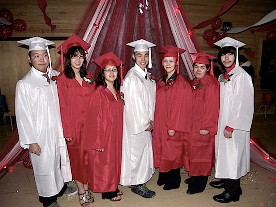 A group of outgoing students in Sanikiluaq showed their “love” of school when they celebrated their graduation on Feb. 14, Valentine’s Day. Here's Nuiyuk school’s 2010 graduating class in red and white, from left to right, Johnassie Tookalook, Kelly Fraser, Wanda Kavik, Chris Kittosuk, Tina Meeko, Sarah Tookalook and Chris Meeko. (PHOTO COURTESY OF BOB MCLEAN)