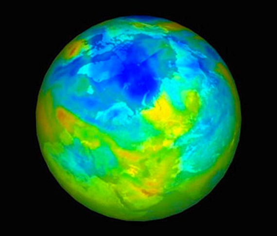 This image shows how large the Arctic ozone hole, shown here in blue, was in 2006. This year’s ozone hole will be at least as large, scientists predict. (IMAGE/NASA)