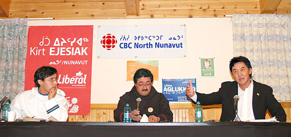 Liberal Kirt Ejesiak and New Democrat Paul Irngaut, candidates in the 2008 federal election, listen as Green Party candidate Peter Ittinuar, right, speaks during the 2008 all-candidates forum in Iqaluit. Conservative Leona Aglukkaq, who went on to win in 2008 took part in that debate by telephone. This time she'll be there in person when federal candidates in the 2011 election debate April 23. (FILE PHOTO)