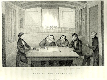 John Ross entertains two Inuit in the cabin of his ship, the <i><p class=