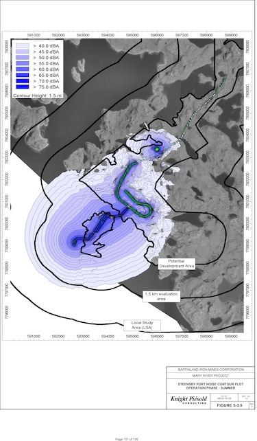 This map from the draft environmental impact statement on the Mary River iron ore project shows the projected noise levels at Steensby Port, which will be more intense at the centre of activities.