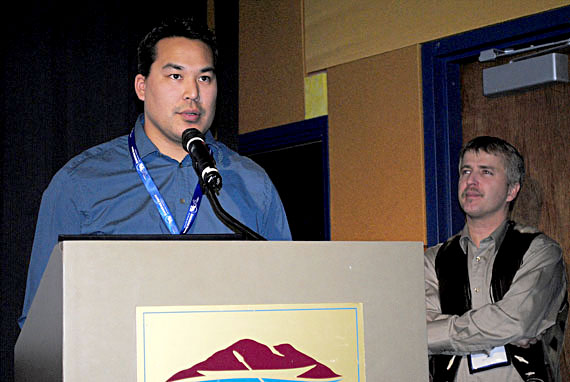 Pujjuut Kusugak, the mayor of Rankin Inlet, speaking at the Nunavut Mining Symposium April 7 in Iqaluit. Kusugak said Rankin Inlet, where Agnico-Eagle's Meliadine gold mine is now eagerly awaited, is 