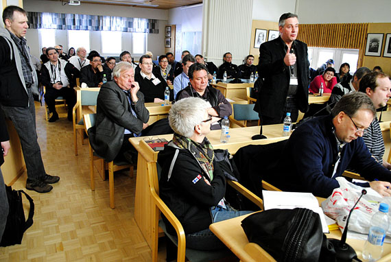 Dan Shewchuk, Nunavut's environment minister, speaks inside Kittilä region's municipal chamber in Levi, Finland on March 29 during a discussion on Finland's new mining law and the country's environmental assessment regime. (PHOTO BY JIM BELL)