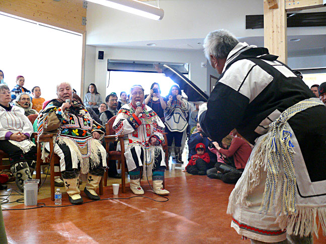 Silas Aittauq of Baker Lake performs a drum dance for Premier Eva Aariak and other dignitaries during the official opening of the Piqqusilirivvik cultural school in Clyde River May 4. (PHOTO COURTESY OF CLEY)