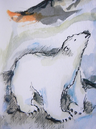 Greenlandic writer, artist and musician Georg Olsen, 36, provided the illustrations, which include this polar bear, for “Sila.” (PHOTO BY JANE GEORGE)
