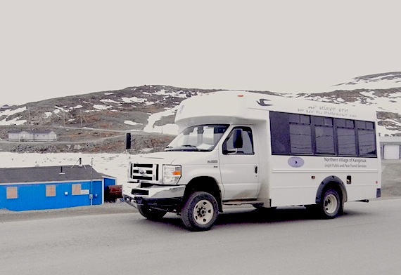 This small white bus with the logo of the Northern Village of Kangirsuk travels the main road of this Ungava Bay community of 400 throughout the day and into the evening. Similar  buses, which are also adapted to take on passengers with limited mobility or in wheelchairs, can to be found in four other Nunavik communities, thanks to money from Quebec's 