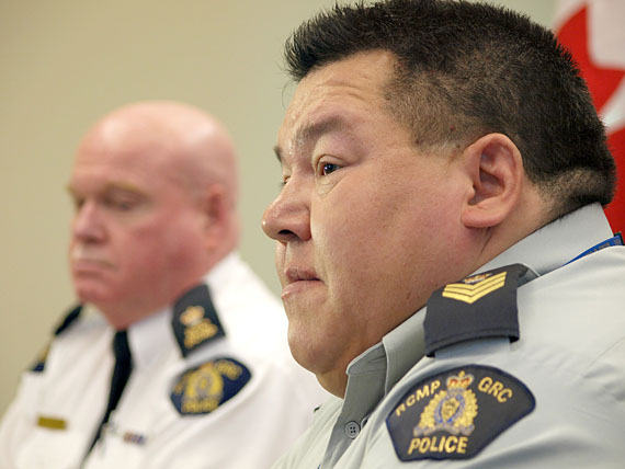 RCMP Sgt. Jimmy Akavak, right, speaks to reporters in Iqaluit June 9 as Insp. Frank Gallagher looks on. Police released the names of the four people killed June 7: Sylvain Degrasse, 44; Vivian Sula Enuaraq, 29; Alexandra Degrasse, 7; and Aliyah Degrasse, 2. (PHOTO BY CHRIS WINDEYER)
