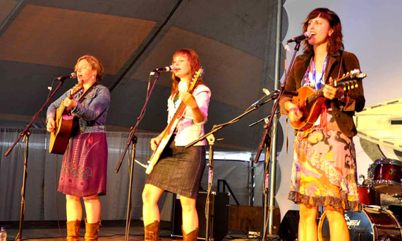 Toronto folk trio The Good Lovelies played July 2 for a group of energetic youngsters as part of Alianait's Arts Festival's morning kids' fest. The trio also played the festival's closing concert July 3, alongside the Mamaku Project and Pangnirtung accordion player Simeonie Keenainak. (PHOTO BY SARAH ROGERS)