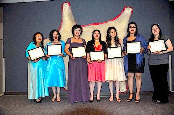 Mary Anavilok. Jerilyn Kakak Kaniak, Ainsley Klengenberg, Megan Mala, Amelia Komak, Amber Mingilgak and Roseanne Kaiyogan celebrate the completion of a course called 