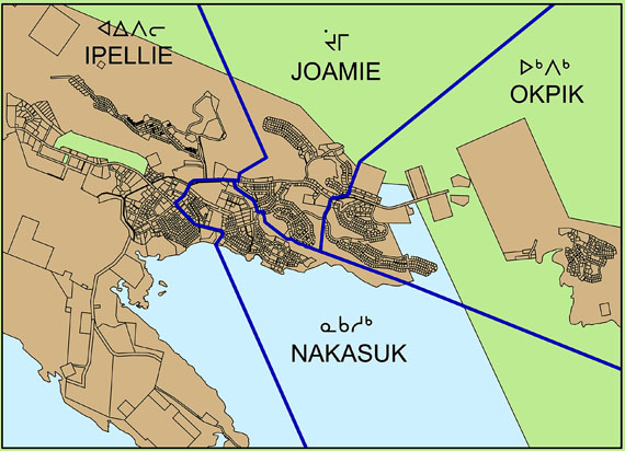 This map displays the new constituency names for Iqaluit that the 2011 Nunavut Electoral Boundaries Commission recommended in its report last month: Okpik, Nakasuk, Joamie and Ipellie. But Iqaluit City Council doesn't like those names. Instead, they want the four constituencies to be labelled Niaqunnguuti, Sinaaa, Tasirluq and Manirajaaq. (SOURCE: REPORT OF THE 2011 NUNAVUT ELECTORAL BOUNDARIES COMMISSION)
