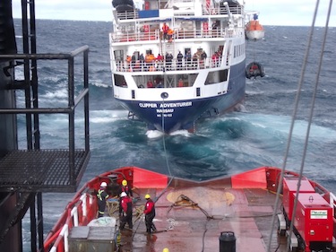 After the Clipper Adventurer hit rocks near Port Epworth in the Coronation Gulf, about 100 kilometres from Kugluktuk, on Aug. 27, 2010, the Coast Guard's Amundsen icebreaker came to the rescue, evacuating more than 100 passengers and crew. (SUBMITTED PHOTO)