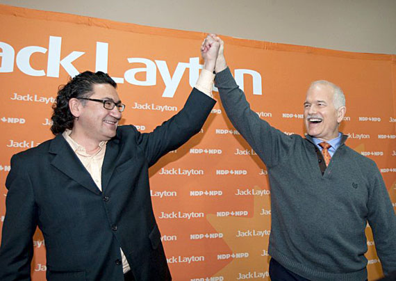 Romeo Saganash with the late NDP leader Jack Layton at a campaign event held prior to the May 2 federal election. Saganash announced Sept. 12 that he will seek the job that Layton held until his Aug. 22 death by cancer. (FILE PHOTO)