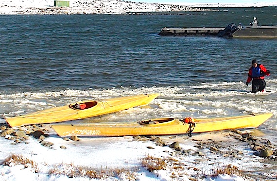 Noadamie Qumaluk of Puvirnituq gets ready to head out in his kayak for a last trip before too much ice puts an end to the kayaking season. Qumaluk and his classmates at Iguarsivik School have made many kayaks and, more recently, a pair of umiaks for a Quebec film now in production. You can watch a video of Qumaluk and his kayak at: http://www.isuma.tv/hi/en/qajaqpuv/ikkie-qajaq-very-cold-kayaking. (PHOTO COURTESY OF ALAIN CLOUTIER)