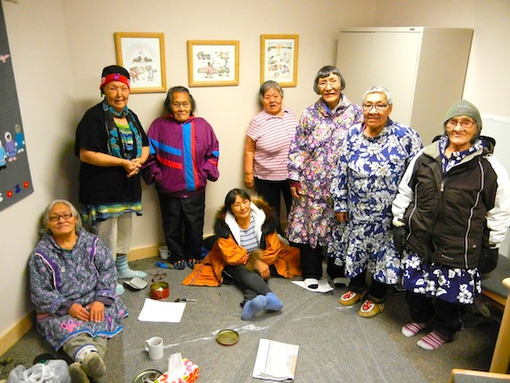 For Mary Kilaodluk, Eva Otokiak, Lena Kamoayok, Mary Avalak, Anna Nahogaloak, Mabel Etegik, Annie Atighioyak and Mary Kaniak, who now live in Cambridge Bay, the past is part of their life that they are eager to talk about in Innuinaqtun. (PHOTO BY JANE GEORGE)