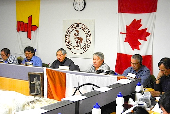 Flanked by members of his executive, Kitikmeot Inuit Association president Charlie Evalik opens the first day of the group's three-day annual general meeting in Cambridge Bay on Oct. 18. According to audited financial statements for the fiscal year ending March 31, 2011, the KIA remains in a 