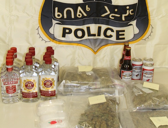 Members of the Kativik Regional Police Force seized 15 mickeys of vodka, beer and just over two pounds of marijuana in Kuujjuaq on Oct. 26. The booze and weed were headed to Aupaluk, population 150. 