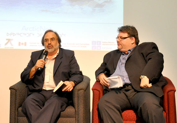 Laval University sociologist Gerard Duhaime, left and Makivik Corp. lawyer Jean-François Arteau talk about the challenges facing Nunavik's economic development at a Montreal conference called the Arctic in Transition Oct. 4. (PHOTO BY SARAH ROGERS)