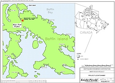 This map from the draft Environmental Impact Statement for the Mary River iron mine shows its location with Baffin Island and Canada.