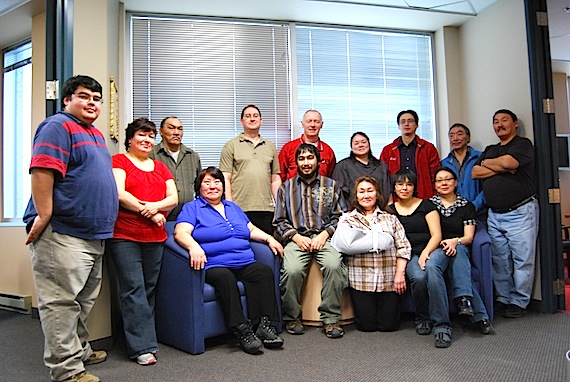 The new 2011-2014 Kativik School Board Council of Commissioners: standing, Johnny Kasudluak, president (Inukjuak); Mary Mesher (Kuujjuaq); Sammy Tukkiapik (Quaqtaq); Martin Scott, executive committee member (Aupaluk); Allan Brown, Kativik Regional Government representative; Sarah Beaulne (Puvirnituq); Aloupa Taqulik (Kangirsuk); Peter Papyarluk (Kuujjuaraapik); sitting: Annie Alaku, vice-president (Salluit); Thomassie Mangiuk, executive committee member (Ivujivik); Pasha Berthe (Tasiujaq); Laly Tooktoo (Umiujaq); Jessica Arngak (Kangiqsujuaq). (PHOTO BY KAUDJAK PADLAYAT/KSB)