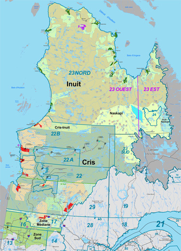 This map from Quebec’s department of natural resources and wildlife shows the caribou hunting zones in Nunavik and Northern Quebec. The province announced new regulations for Nunavik’s sport hunt Dec. 21, which will limit the 2012-13 season hunt of the Leaf River and George River herds. (IMAGE COURTESY OF MRNF)