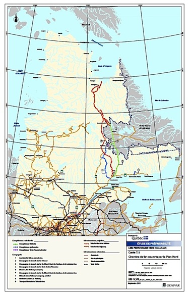 In this map from Genivar's study on the feasibility of a rail link from Schefferville to Kuujjuaq, you can see the possible track of the proposed railway in red.