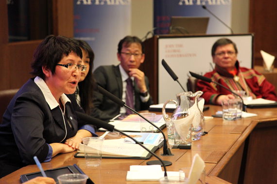 Bridget Larocque, left, executive director of the Gwitch’in Council International, speaks at a forum on the role of the Arctic Council in Toronto Jan. 17. She and fellow panelist, Kirt Ejesiak of the Inuit Circumpolar Council (Canada) both credit the council for allowing for direct input of its indigenous members. (PHOTO BY MEGAN HARRISON/GORDON FOUNDATION)