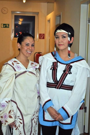 Pitsualak and Aningmiuq don a traditional Inuit look for one of their shows at Klangwelten’a 25th anniversary festival this past November. The women, known as the Katajaq Duo, reunited after six years to perform at the German festival. (PHOTO COURTESY OF A. ANINGMIUQ)