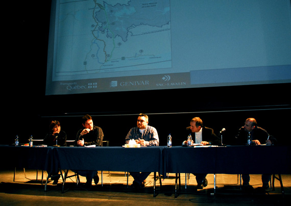 Makivik Corp.'s vice president Michael Gordon, second from left, speaks at a public consultation at Katittavik town hall Jan. 25 when Transport Quebec officials, to his far left, presented the results of a prefeasibility study looking at a road link to the community. (PHOTO BY ISABELLE DUBOIS)