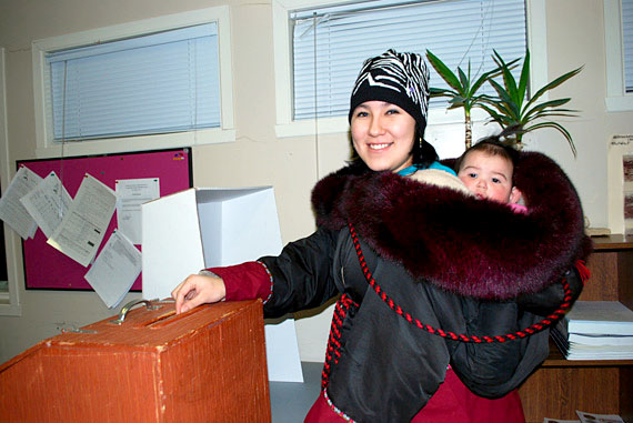 Nikita Etok voted in her first election Jan. 19 when she cast a ballot in the Makivik Corp. presidential election Thursday afternoon in Kangiqsualujjuaq. Nunavimmiut went to the polls and elected Kativik Regional Government director general Jobie Tukkiapik, who unseated long-time president Pita Aatami by only 23 votes. Watch www.nunatsiaqonline.ca for more reaction and election results. (PHOTO BY HEATHER ETOK)