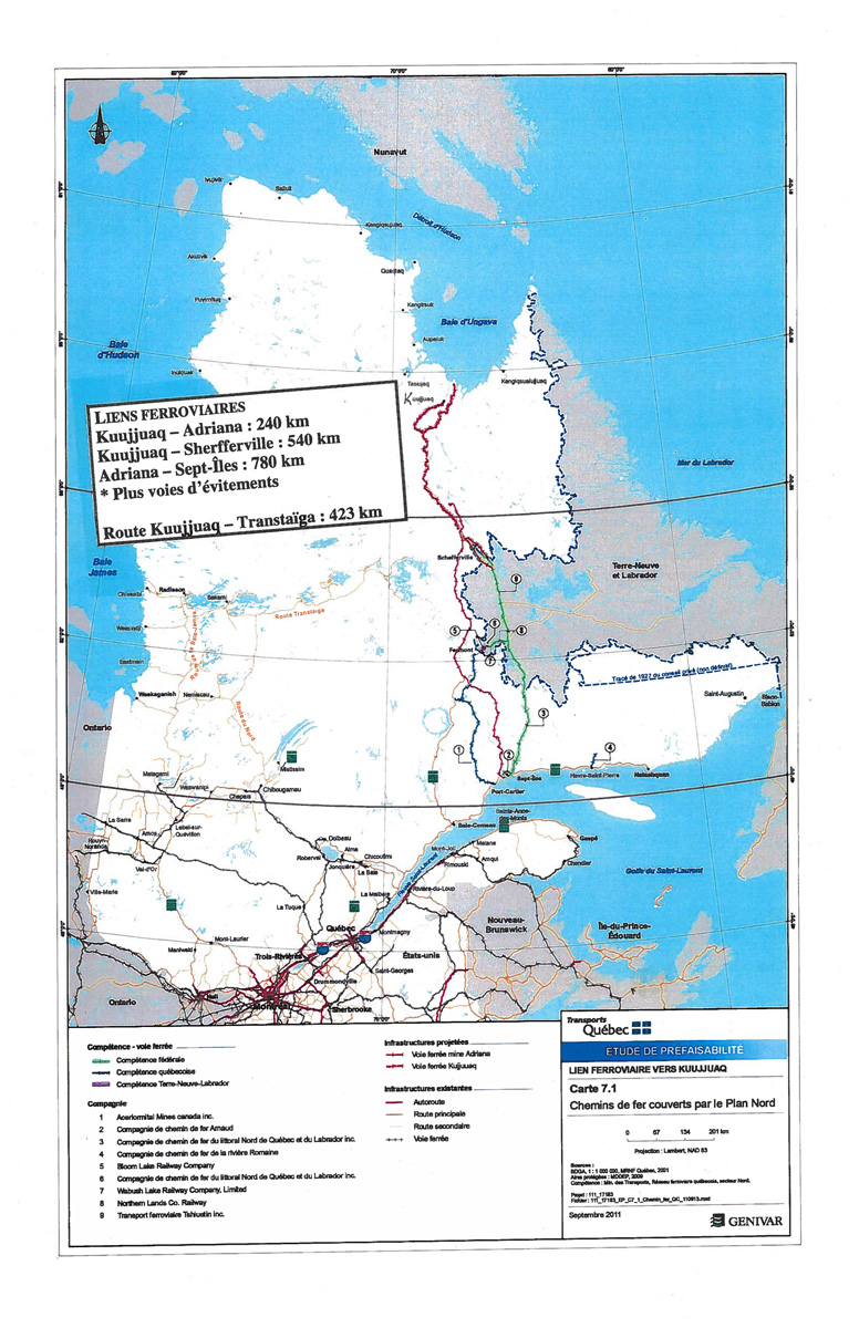 This Transport Quebec map shows the Transtaiga route, ending at Caniapiscau, which could be the launching point of a road north to Kuujjuaq. The line in red shows the proposed railway link from Schefferville to Kuujjuaq. (IMAGE COURTESY OF TRANSPORT QUEBEC)