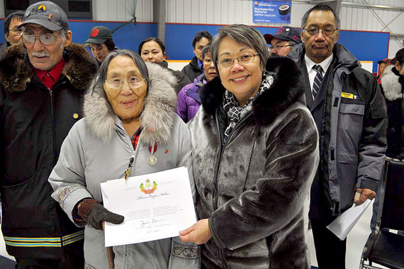 While visiting Pond Inlet to open its new arena on March 23, Nunavut Premier Eva Aariak presented Diamond Jubilee awards to three residents —  Theresa Koopa Maktar, David Parks and Thomas Ootook — who have made 
