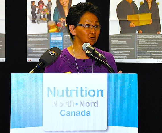 Elizabeth Copland, the outgoing chair of Nutrition North Canada's advisory board, speaks to Iqaluit residents at the board's first public meeting there in May 2011. (PHOTO BY SARAH ROGERS)