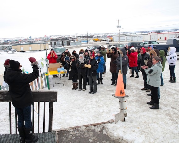 A speaker gets cheers and applause during a March 15 demonstration in front of the Tulattavik hospital in Kuujjuaq by members of the union representing the hospital's health care technicians and professionals. (SUBMITTED PHOTO)