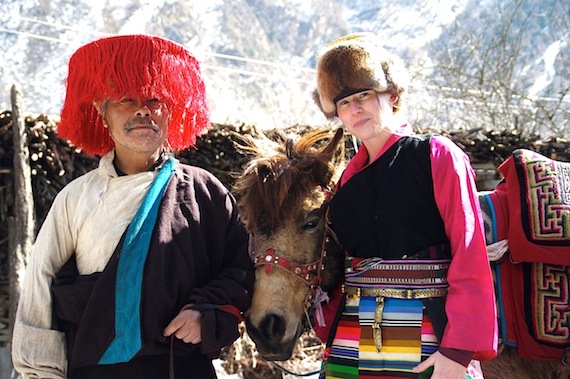 :Laimikie Palluq and Shari Gearheard dressed in the traditional clothing of Tsumbas, the people of Tsum Valley in Nepal. (PHOTO BY HENRY HUNTINGTON)