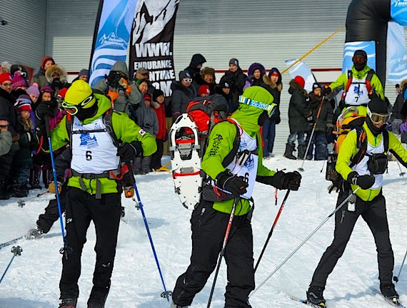 These green-dressed skiers attract attention as they head off from Kangiqsualujjuaq March 26. The athletes are among the 50 elite racers in the Nunavik Adventure Challenge International race, which will wind through 150 kilometres of the new Kuururjuaq provincial park. You can track their progess on the race's website at www.nunavikinternationalchallenge.com. (PHOTO BY PASCAL POULIN)