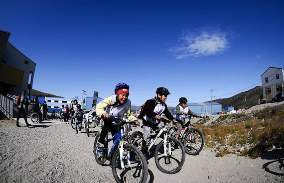 The 8th edition of Nunavik Adventure Challenge was hosted last August in Salluit, where this group of youngsters pedalled to the finish line. The popular event drew 140 participants to learn and compete in mountain biking, rock climbing, sea kayaking and skateboarding. (FILE PHOTO)