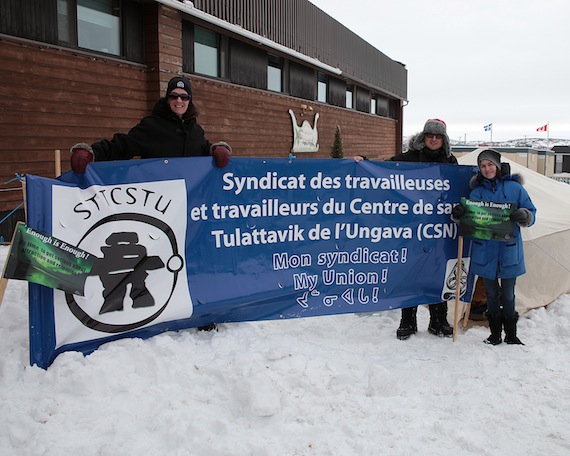 Health workers at the Tulattavik hospital in Kuujjuaq demonstrated March 15 in front of the hospital to support their union's call for better benefits. (SUBMITTED PHOTO)