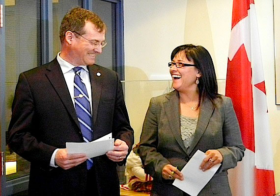 Starting this month, federal money for public health promotion programs like Brighter Futures and the Canadian Prenatal Nutrition Program will be handed out differently in Nunavut, the territory's health minister Keith Peterson and federal health minister Leona Aglukkaq said April 17 in joint announcement at the Nunavut legislature in Iqaluit. From now on, each community will hand the territory's health and social services department a single application covering several projects. Read more about this new way of working on Nunatsiaqonline.ca. (PHOTO BY JANE GEORGE)