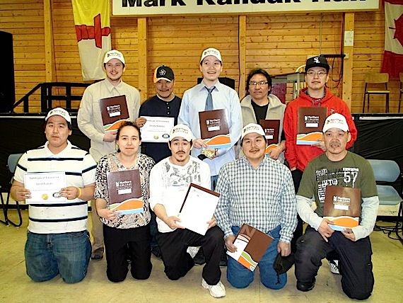 The Arviat Diamond Driller's Training Program 2012 graduates include (back row, from left) Hunter Tattuinee, Chesley Nibgoarsi, Jackson Kablutsiak, George Ipkanerk, Gavin Gibbons (and in front, from left) Ovinik Pilakapsi, Miranda Uqayittuq, Leo Karetak, Andy Illungiayok, Gary Ippiak. (PHOTO COURTESY OF SUSANNE KARETAK) 