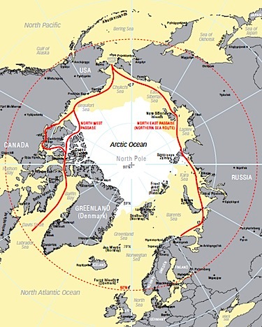 This map from a recent report by the insurance company Lloyd's shows the Arctic shipping lanes where many want to see a Polar Code regulating marine traffic.